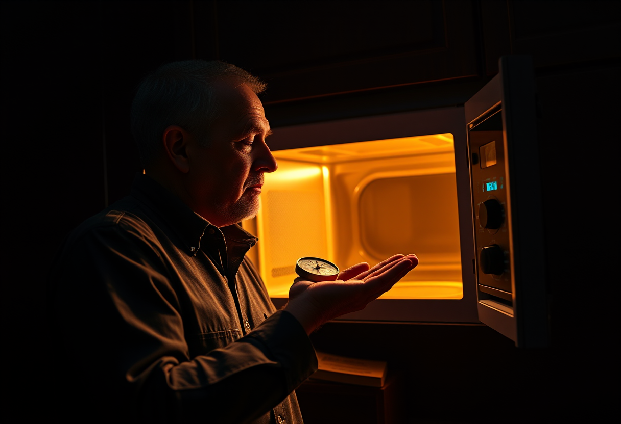 A volunteer performs the daily ten-minute microwave gaze under the warm glow, during a controlled Ocular Studies session.