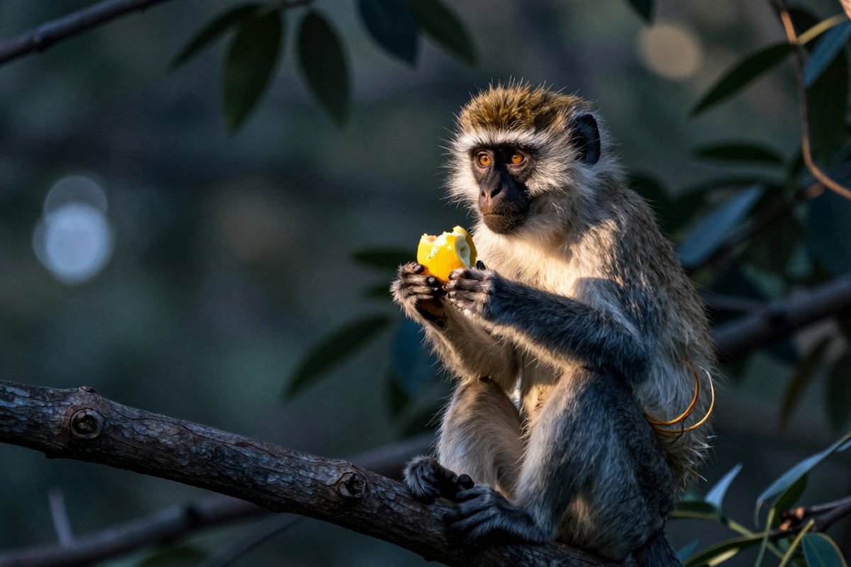 A vervet monkey sits on a tree branch holding and eating a piece of fruit.