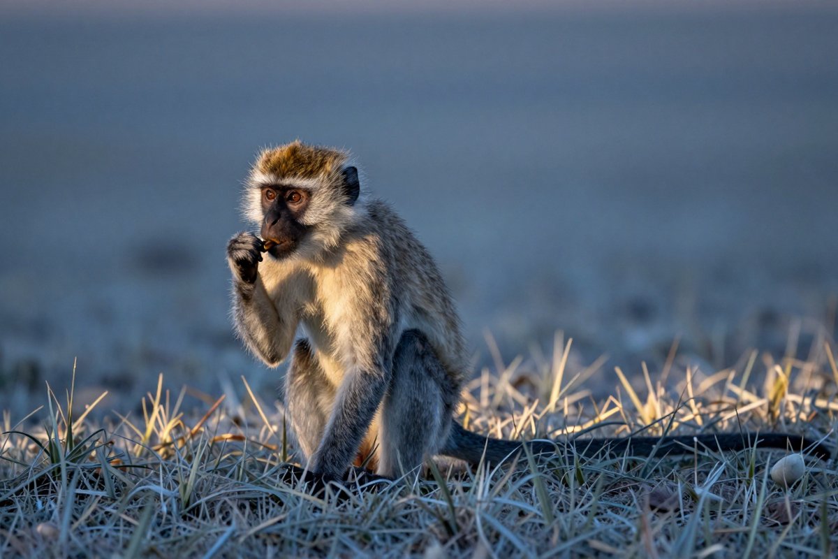 A vervet monkey stands upright in grass, head turned, scanning its surroundings.