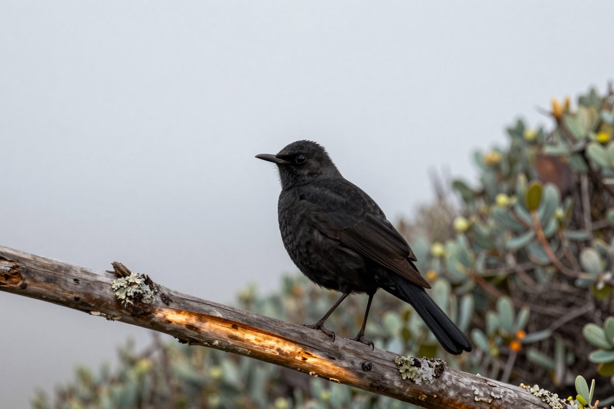 A small all-black bird stands on brown leaf litter on a forest floor, seen from the side.