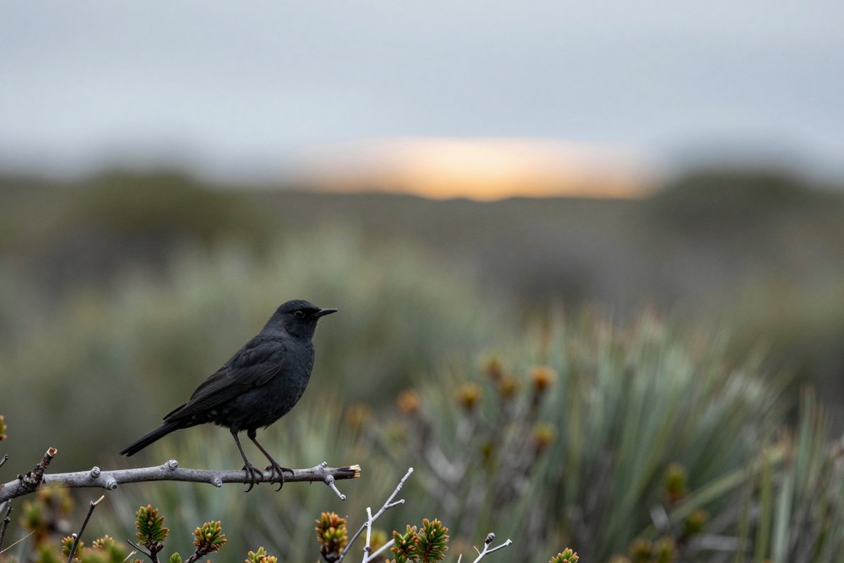 A small black bird perches on a thin bare twig with low shrubs behind it.