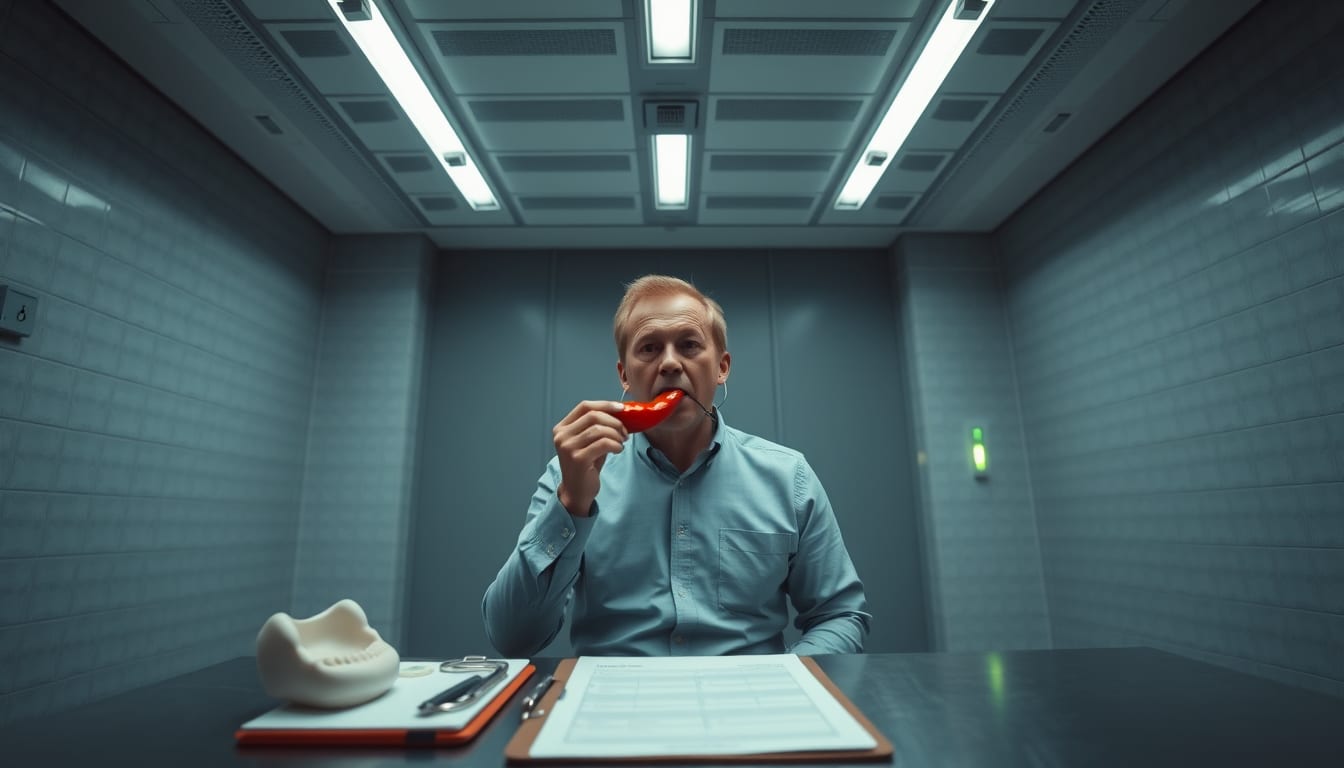 A study participant calmly bites a whole chili under laboratory observation, showing no reaction whatsoever.