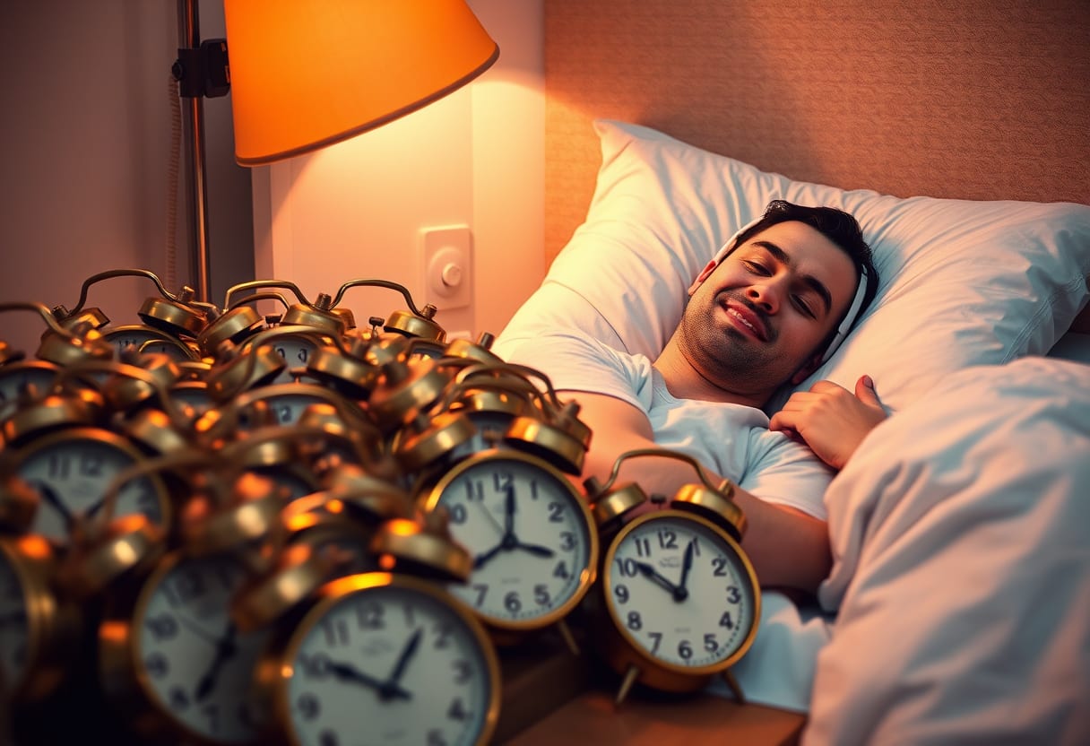 Sleep-study subject demonstrating "defiant rest," undisturbed by a full nightstand of active alarm clocks.