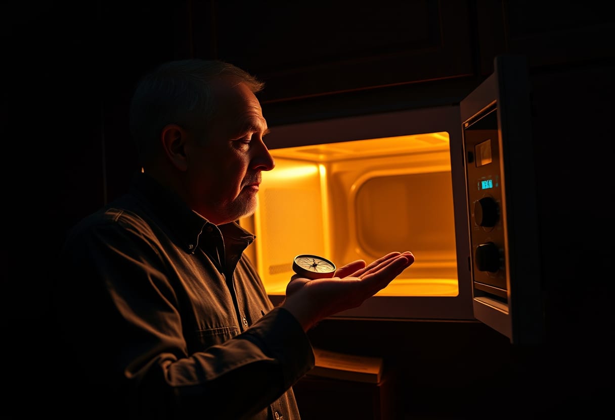 A volunteer performs the daily ten-minute microwave gaze under the warm glow, during a controlled Ocular Studies session.
