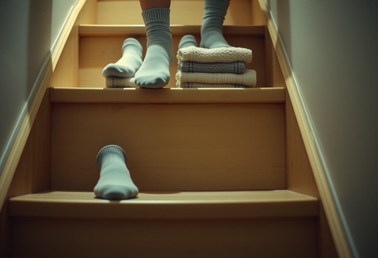 Two feet in wool socks paused on a stair, with three folded pairs of socks arranged on the tread above